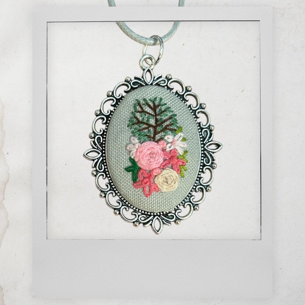 Handmade Embroidery Necklace Pink Roses and Botanical